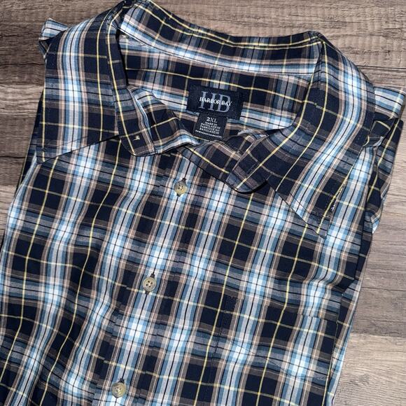 Harbor Bay Shirt Mens 2XL Blue/brown Plaid Short Sleeve Button Down Classic - Picture 1 of 5